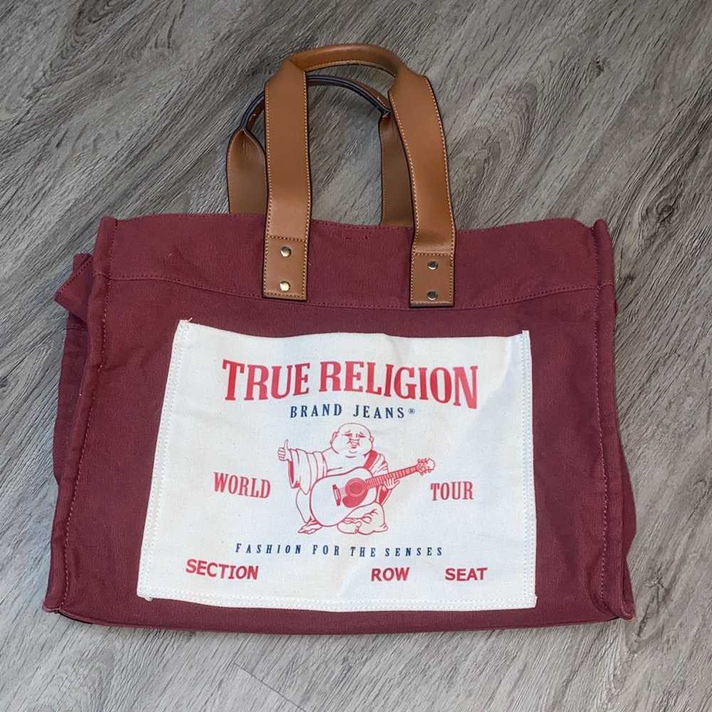 True Religion Burgundy Tote Bag with Brown Handles